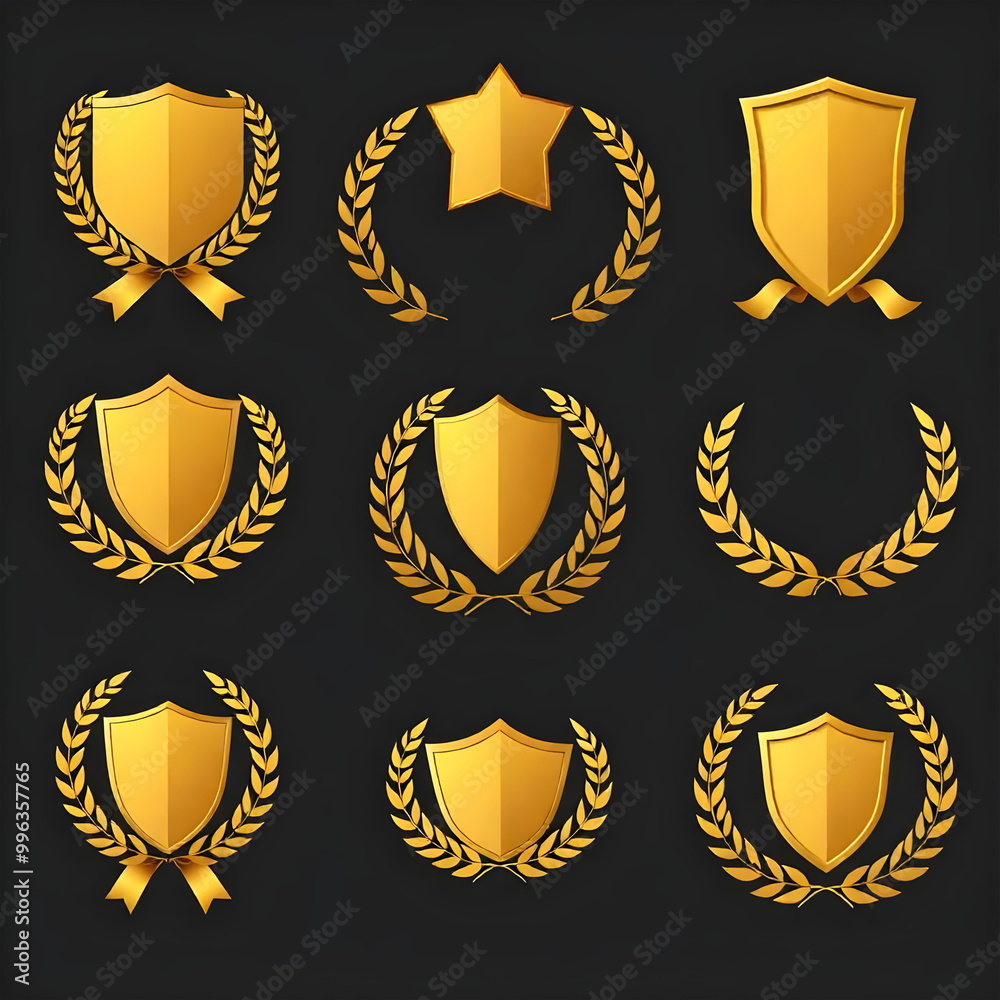 collection of golden badges shields and laurel wreaths on a dark background collection of golden badges shields and laurel wreaths on a dark background