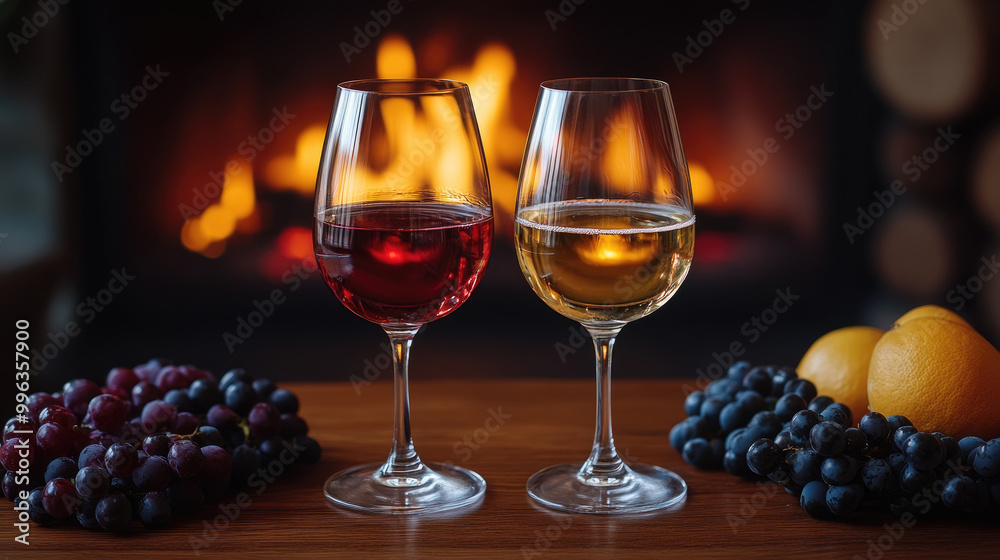 Two elegant wine glasses filled with red and white wine sit on a wooden table surrounded by grapes and oranges, against a glowing fireplace backdrop