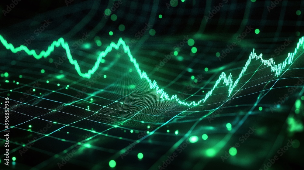 Abstract digital green chart representation with moving lines and glowing dots on a dark background. Abstract digital green chart representation with moving lines and glowing dots on a dark background.