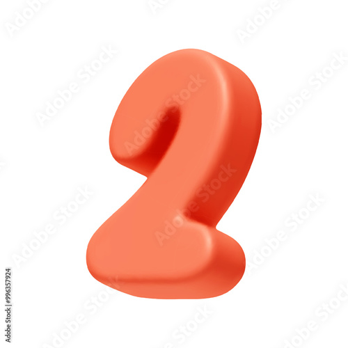 Voluminous Number 2. Two Number sign red soft color. Realistic 3d design in cartoon style. Isolated on white background. vector illustration