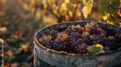 Fresh harvested grape fruit in wooden barrel in plantation farm field