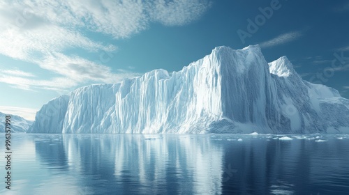 Majestic icebergs reflecting in tranquil waters under a clear blue sky.