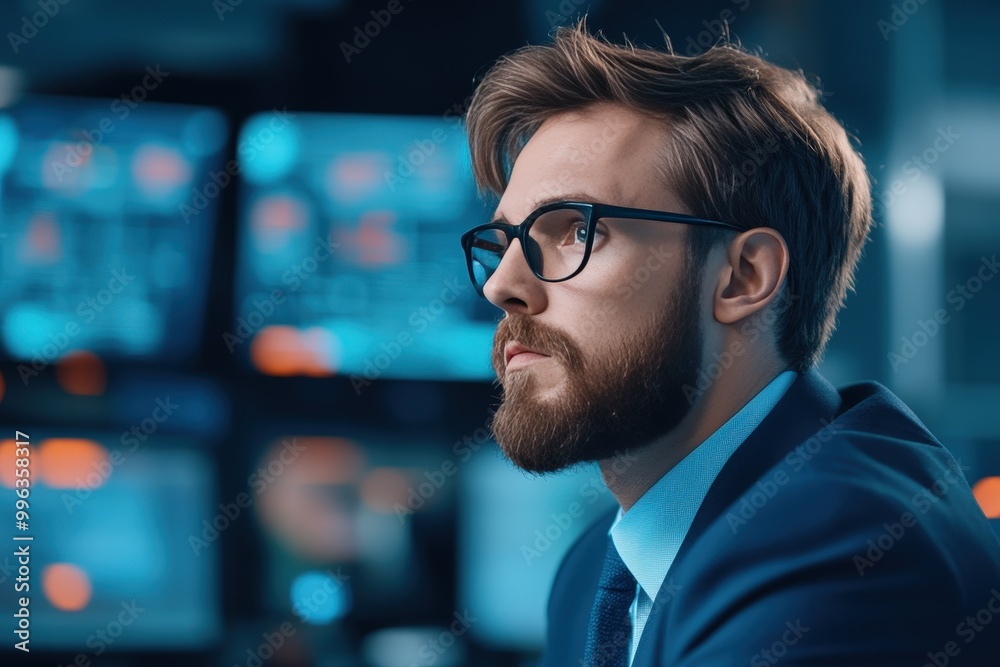 Fototapeta premium Focused News Anchor Preparing to Deliver Breaking Update in High-Tech Newsroom Setting