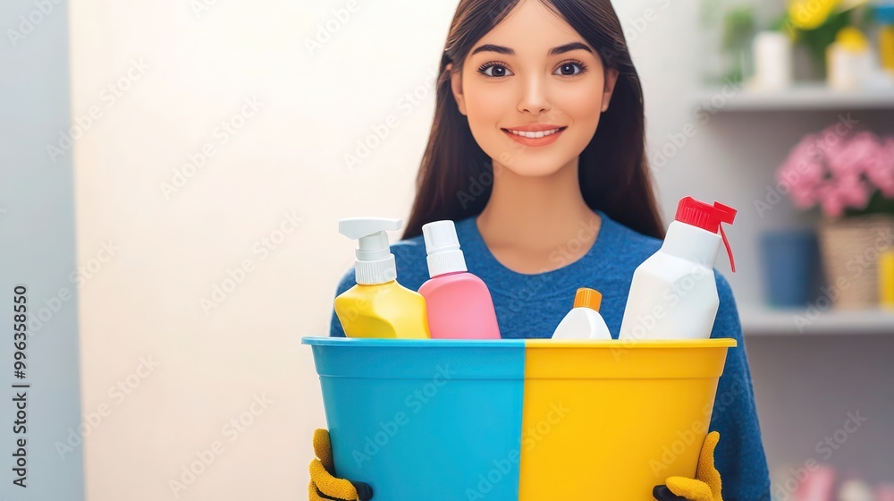 Cleaning lady with a bucket in hand, cleaning lady holding a bucket of cleaning products in her hands. Cleaning lady with a bucket in hand, cleaning lady holding a bucket of cleaning products in her hands.