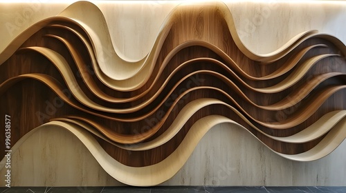A wall with a wavy, layered wooden design.