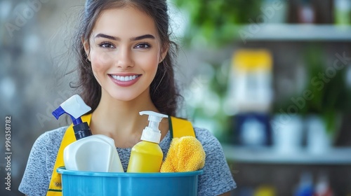 Cleaning lady with a bucket in hand, cleaning lady holding a bucket of cleaning products in her hands. photo