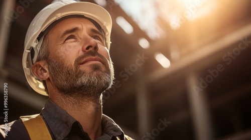 Construction Worker Looking Up at the Building