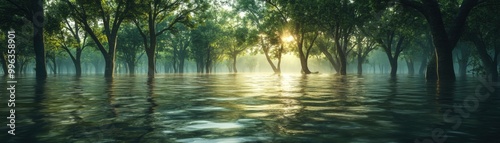 Serene wetlands with lush trees reflecting in calm waters during golden hour.