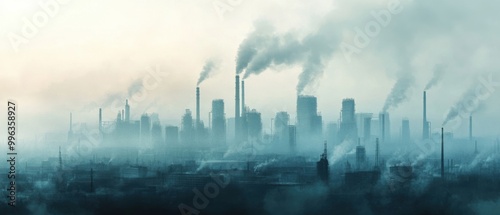 Smoggy skyline with industrial smoke stacks during a foggy morning, showcasing pollution and urban landscape.