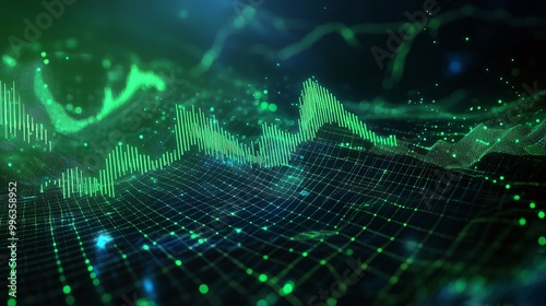 Abstract digital landscape showcasing green data visualization with glowing lines and dots on a dark background.