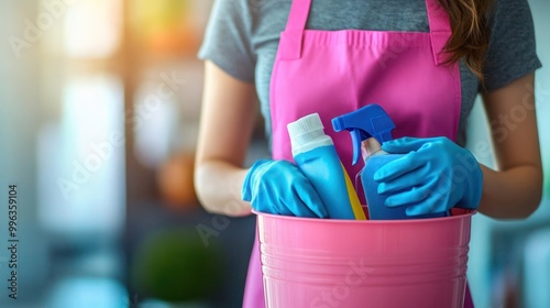 Cleaning lady with a bucket in hand, cleaning lady holding a bucket of cleaning products in her hands. photo