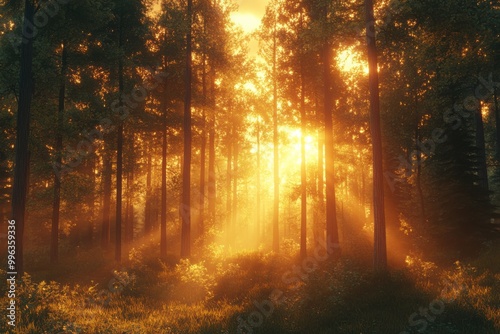 Sunlight filtering through dense forest trees, creating a serene and warm atmosphere.