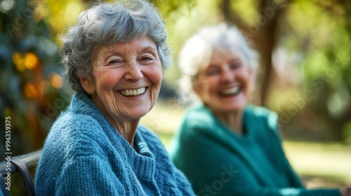 Smiling elderly women enjoying a sunny day outdoors, highlighting friendship and joy