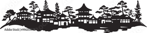japanese village scene silhouette