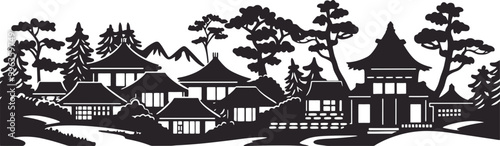japanese village scene silhouette