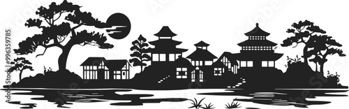 japanese village scene silhouette