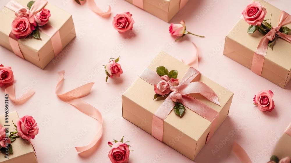 Gift boxes with ribbons and roses scattered on a light pink surface, with plenty of open space for text Gift boxes with ribbons and roses scattered on a light pink surface, with plenty of open space for text
