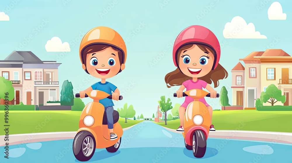 A cheerful cartoon boy and girl riding scooters in the neighborhood, with space for copy in the background. A cheerful cartoon boy and girl riding scooters in the neighborhood, with space for copy in the background.