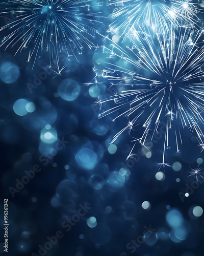 Abstract blue background with white fireworks and bokeh lights.
