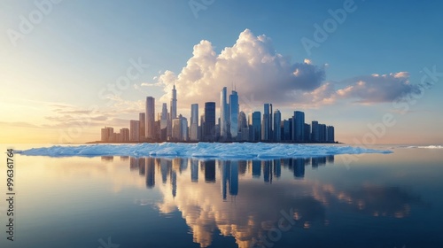 Cityscape Reflection in Calm Water at Sunset photo