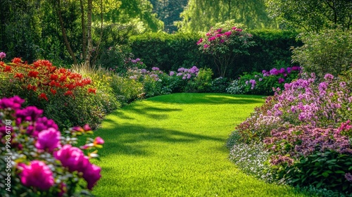 Gorgeous garden in May. The garden's blossoming blooms are emphasized by the verdant lawn. A wide variety of vibrant blooms and expansive vistas of breathtaking scenery