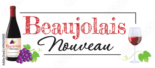 BEAUJOLAIS NOUVEAU BOUTEILLE ET VERRE DE VIN - Illustration vectorielle avec fond transparent. Illustration EPS, JPEG, et PNG