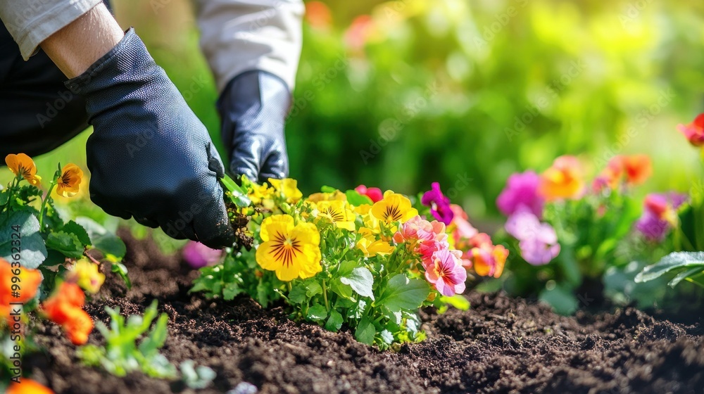 Obraz premium Close-up of a gardener planting flowers; gardening idea; garden maintenance