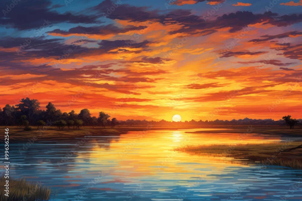 Obraz premium River sunset landscape sunlight.