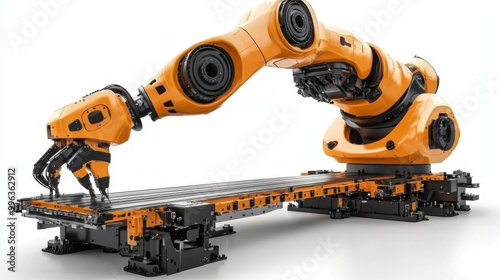 Orange robotic arm with a claw-like hand reaching down to a conveyor belt.