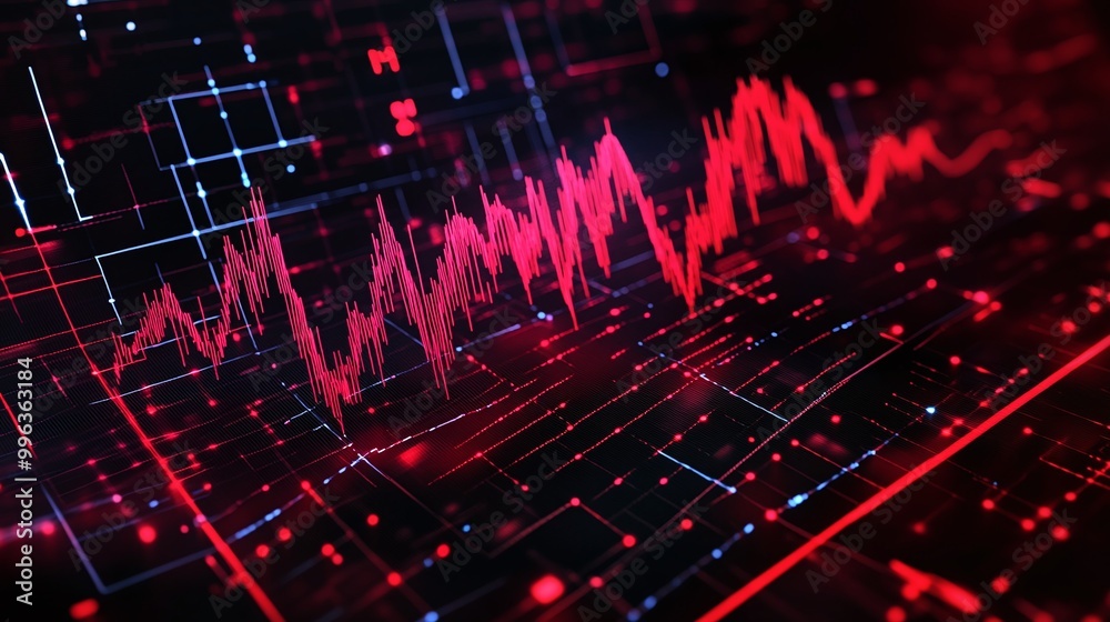 Abstract digital sound wave visualization in red tones with futuristic elements and grid pattern. Abstract digital sound wave visualization in red tones with futuristic elements and grid pattern.