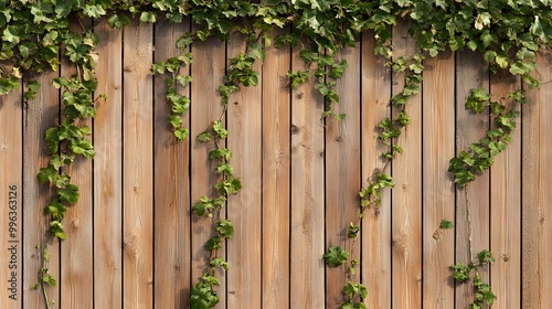 A wooden fence with green ivy growing up it.