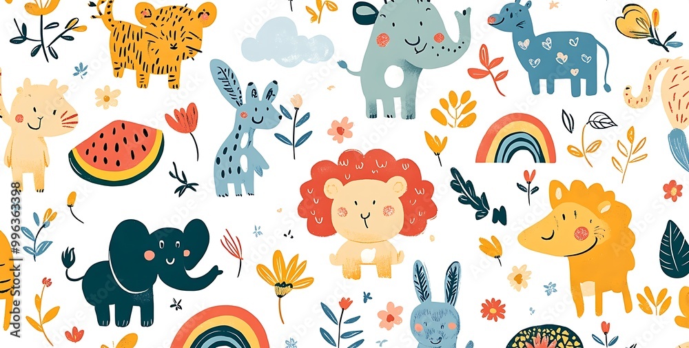 Obraz premium A cute doodle sticker sheet of cartoon animals, rainbows, and flowers