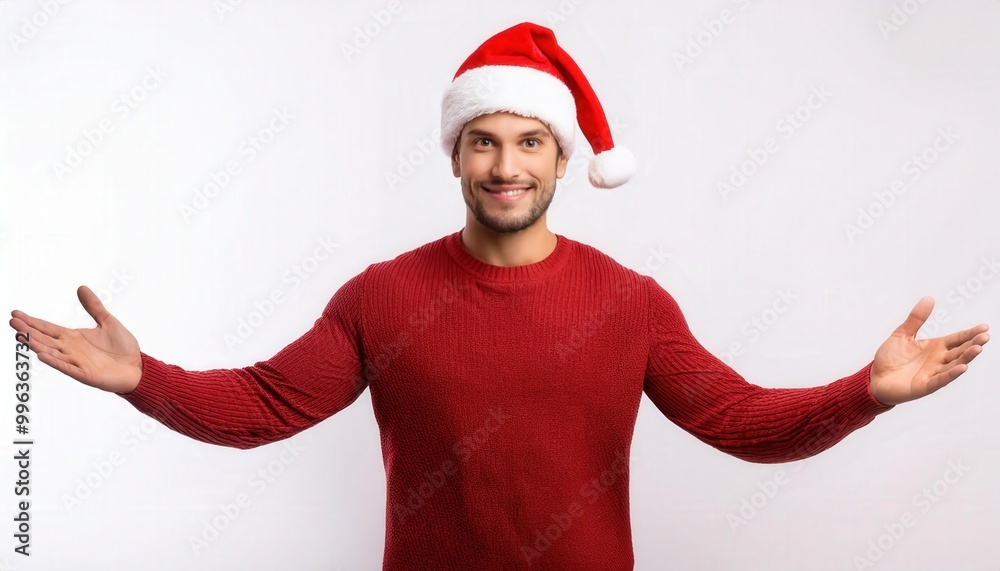 Cheerful Man in Red Sweater Wearing Santa Hat with Open Arms, Celebrating Festive Christmas New Year Holiday Spirit Against White Background Cheerful Man in Red Sweater Wearing Santa Hat with Open Arms, Celebrating Festive Christmas New Year Holiday Spirit Against White Background