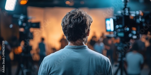 Casting Session in Progress, TV producer reviewing auditions with actors in the background, professional ambiance enhanced by soft lighting