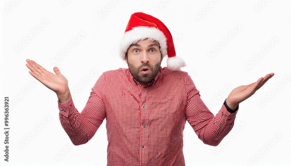 Confused Man in Santa Hat Shrugs with Open Hands in Surprise While Wearing a Sweater, Expressing Puzzlement or Uncertainty During the Christmas Holiday Season, Against a White Background Confused Man in Santa Hat Shrugs with Open Hands in Surprise While Wearing a Sweater, Expressing Puzzlement or Uncertainty During the Christmas Holiday Season, Against a White Background