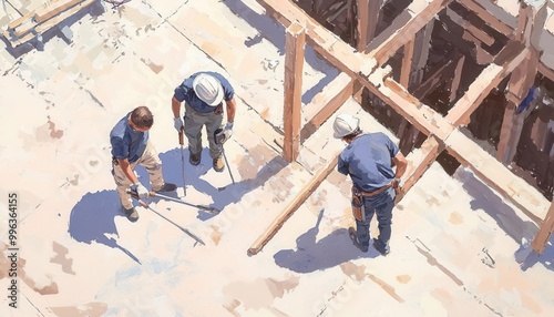 Construction workers aligning a structure, with precise tools, [Perfect alignment], [Construction site],