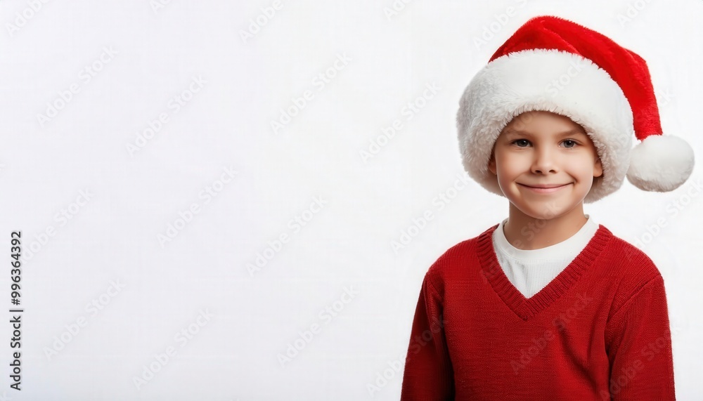 Smiling Young Boy Wearing Red Santa Hat and Cozy Knitted Sweater, Celebrating the Joy of the Holiday Season with a Festive Spirit, Isolated Against a White Background for Christmas Themed Celebrations Smiling Young Boy Wearing Red Santa Hat and Cozy Knitted Sweater, Celebrating the Joy of the Holiday Season with a Festive Spirit, Isolated Against a White Background for Christmas Themed Celebrations