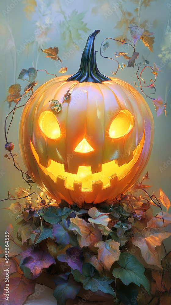 Luminous jack-o'-lantern glows with festive charm. Luminous jack-o'-lantern glows with festive charm.