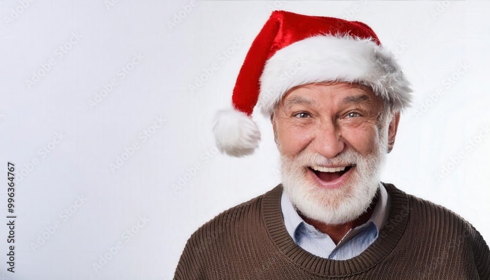 Joyful Elderly Man Wearing Santa Hat and Red Sweater, Smiling with Festive Cheer Against a Bright White Background. Perfect Holiday Themed Image Capturing Warmth and Laughter of the Christmas Spirit