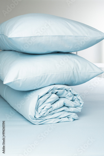 A set of blue bed linen, neatly folded in a pile: a pillow in a pillowcase and a blanket in a duvet cover on a blue sheet. Minimalist bedroom. Cozy home concept. Scandinavian style