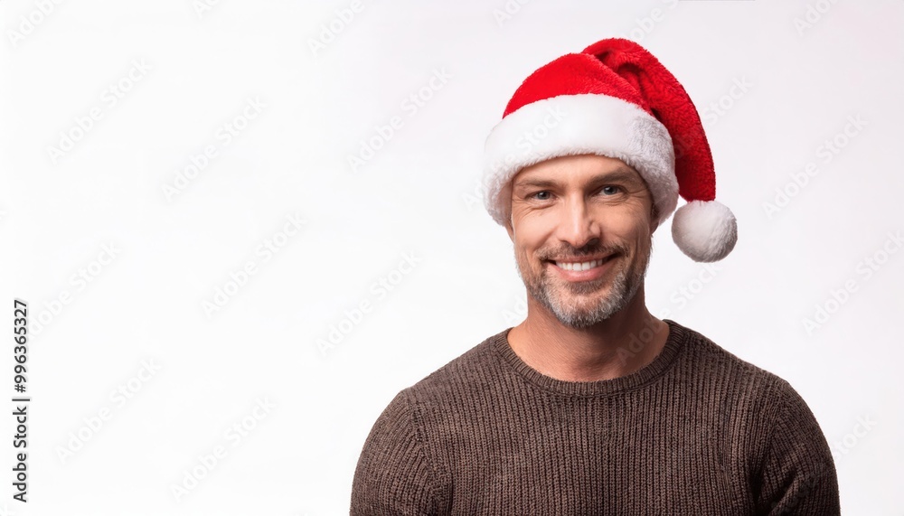 Smiling Young Man in a Festive Red Santa Hat and Cozy Brown Sweater Against a White Background, Embracing Holiday Spirit with a Cheerful Expression, Perfect for Christmas and Seasonal Celebrations Smiling Young Man in a Festive Red Santa Hat and Cozy Brown Sweater Against a White Background, Embracing Holiday Spirit with a Cheerful Expression, Perfect for Christmas and Seasonal Celebrations