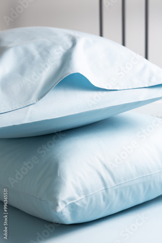 A set of blue bed linen, neatly folded in a pile: two pillows in pillowcases on a blue sheet. Minimalist bedroom. Cozy home concept. Scandinavian style