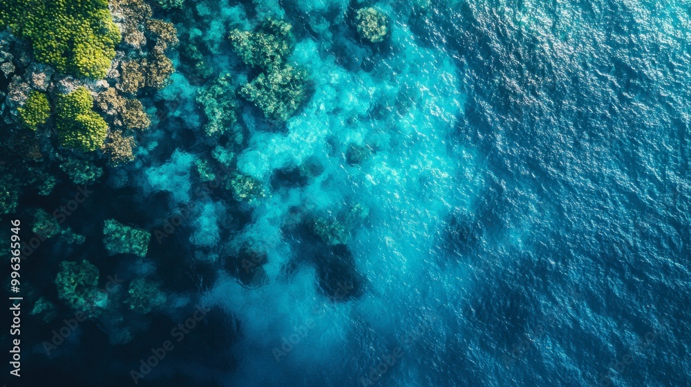 Fototapeta premium An amazing aerial view of a turquoise ocean with coral reefs, showcasing the vibrant underwater landscape from above.