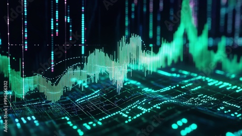 Abstract digital stock market graph with fluctuating lines and glowing elements in shades of green and blue. photo