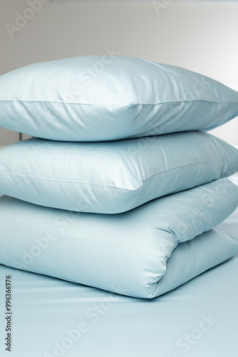 A set of blue bed linen, neatly folded in a pile: a pillow in a pillowcase and a blanket in a duvet cover on a blue sheet. Minimalist bedroom. Cozy home concept. Scandinavian style