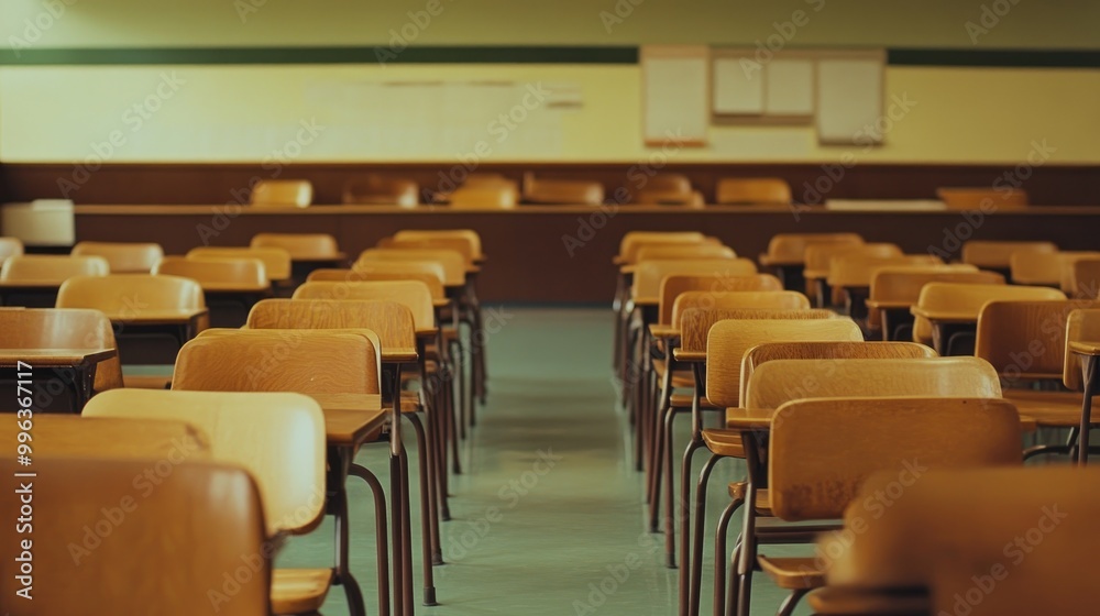 A high school classroom with neat rows of wooden desks and chairs, empty and quiet, waiting for students to arrive. A high school classroom with neat rows of wooden desks and chairs, empty and quiet, waiting for students to arrive.