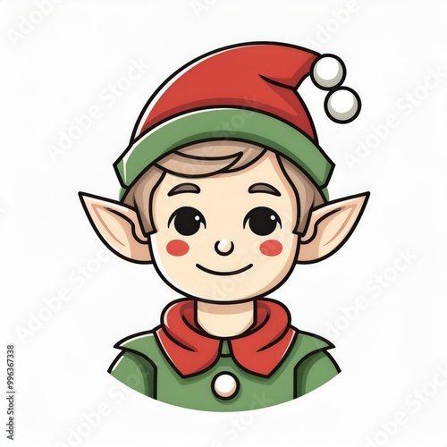 Adorable Cartoon Christmas Elf Character in Red and Green Costume with Pointed Ears and a Festive Hat, Smiling Cheerfully with Rosy Cheeks. Holiday Themes Winter Christmas Festivity Designs Logo Icon