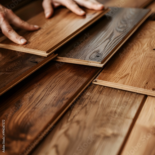 Variety of different types of hardwood flooring samples laid out on the floor.