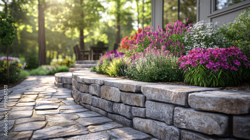 Stone walkway leading to a lush garden with pink and purple flowers. photo