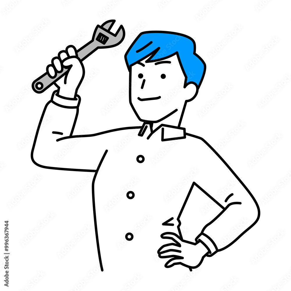 モンキーレンチを構えるカジュアルな男性